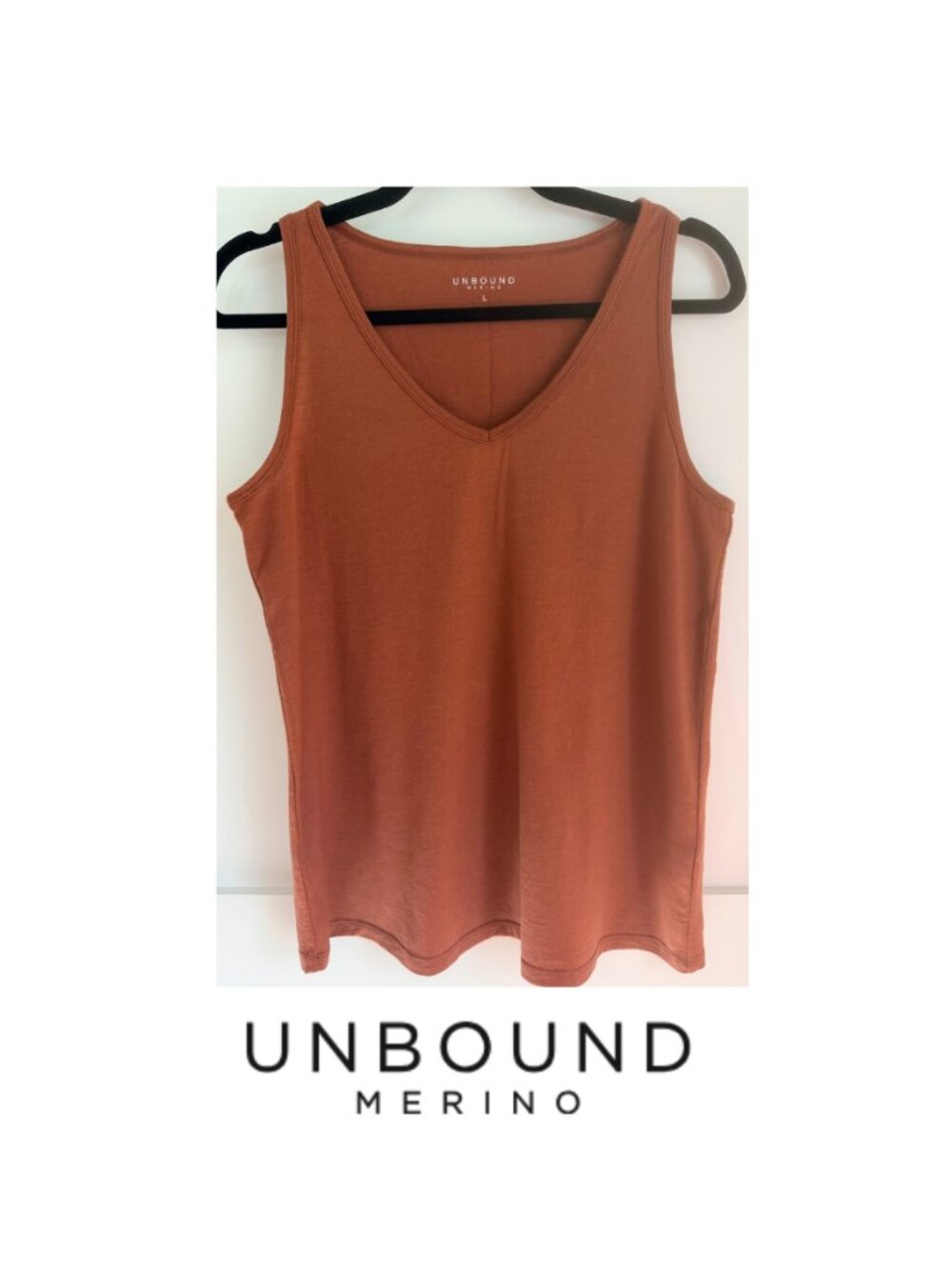 Unbound Merino Women's Relaxed V-Neck Tank Top Rust Cinnamon Size L - Picture 2 of 11